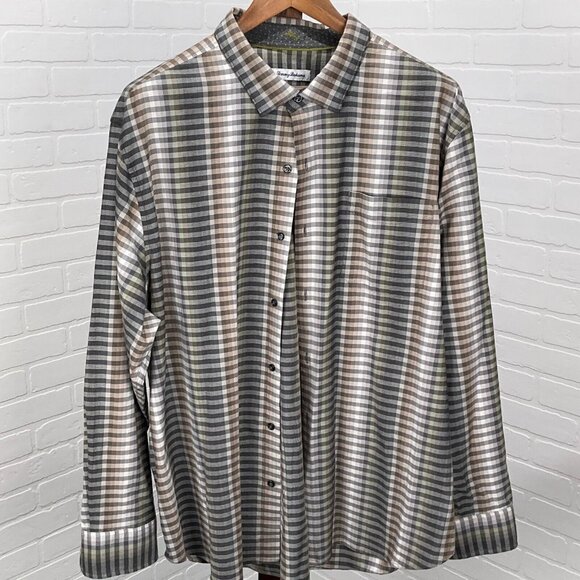 Tommy Bahama Shirt Mens 2XL Brown Gray Check Geometric Stripe Cotton Silk - Picture 1 of 10